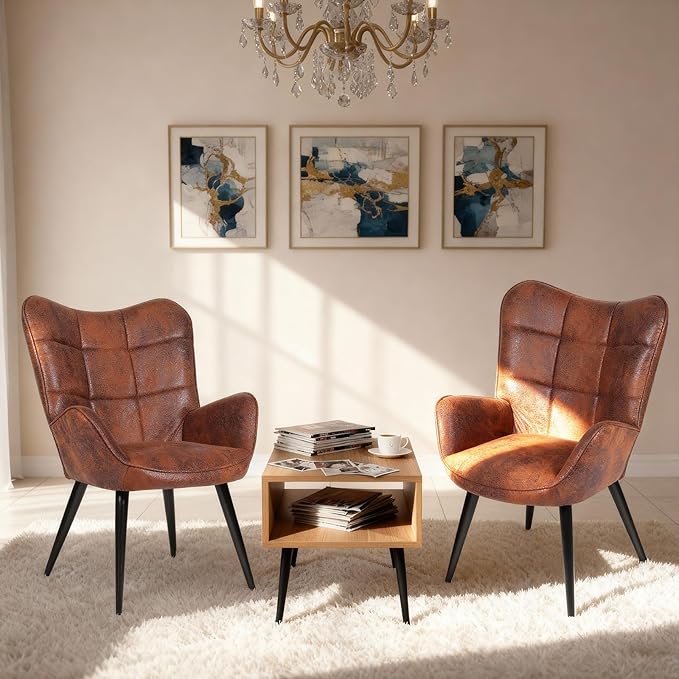 Modern Dining Room Chairs, Mid Century Faux Leather Kitchen Chairs with Back Support and Metal Legs, Accent Dinner Chair for Kitchen, Dining Room, Living Room, Restaurant, Brown