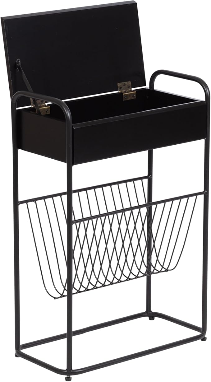 Kate and Laurel Kura Elegant Narrow Side Table, 19 x 9 x 26, Black, Modern Glam Slim Lift-Top Living Room End Table with Bottom Wire Rack for Entryway or Family Room Storage