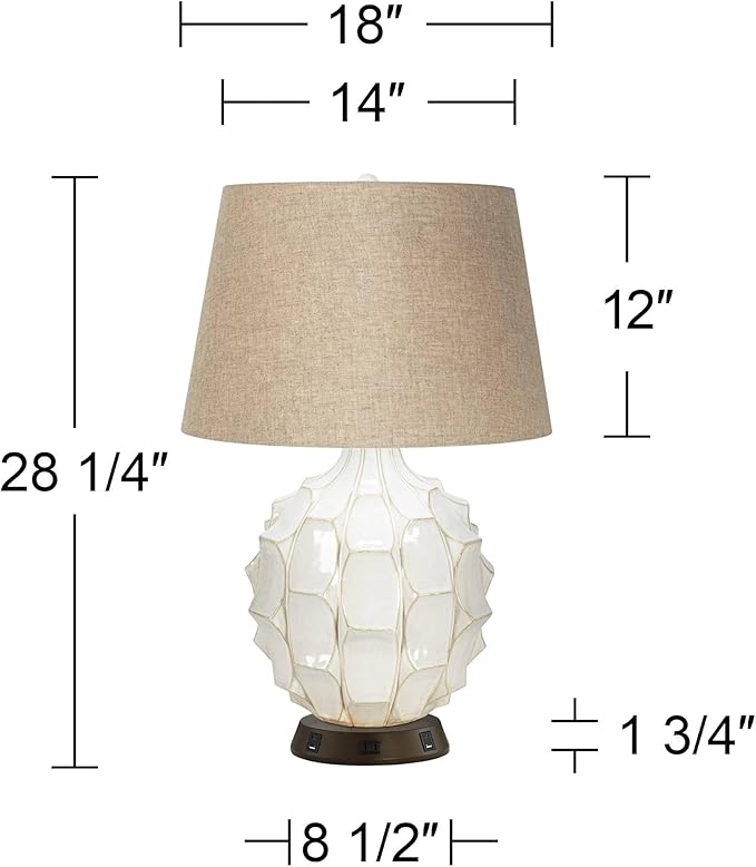 Possini Euro Design Cosgrove Mid Century Modern Table Lamp with USB and AC Power Outlet Workstation Charging Base 26.5" High Textured White Ceramic Light Brown Linen Drum Shade for Living Room