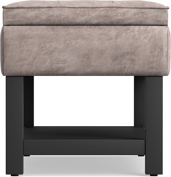 SIMPLIHOME Cosmopolitan Storage Ottoman Bench - 44 inch Wide Upholstered Vegan Leather Rectangle Storage Ottoman in Distressed Grey Taupe, Transitional Bench for Bedroom with Tufted Lift-Top and Shelf