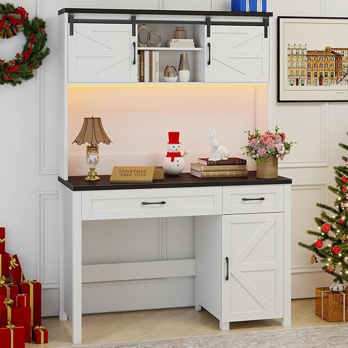 Vabches Farmhouse 47" Executive Desk, Computer Desk with 2 Drawers, LED Light and Storage Cabinet, Home Office Desk with Hutch, Charging Hub, Workstation for Home Office and Study,(Black desktop).