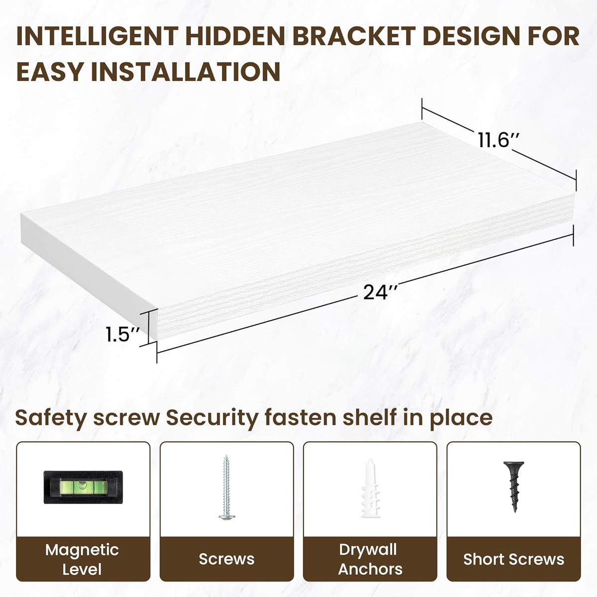 24 Inch Floating Shelves, 12 Inch Deep Floating Shelves for Wall, Floating Shelf with Invisible Brackets, Deep Shelves for Bathroom, Bedroom, Living Room, 2 Pack, White