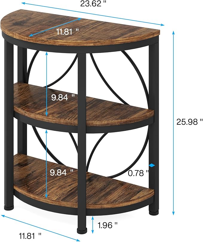 Tribesigns Half Round End Table for Living Room, 3-Tier Half Side Table with Metal Frame, Industrial Half Moon Table with Storage Shelves, Half Circle Accent Table for Entryway, Bedroom, Rustic Brown