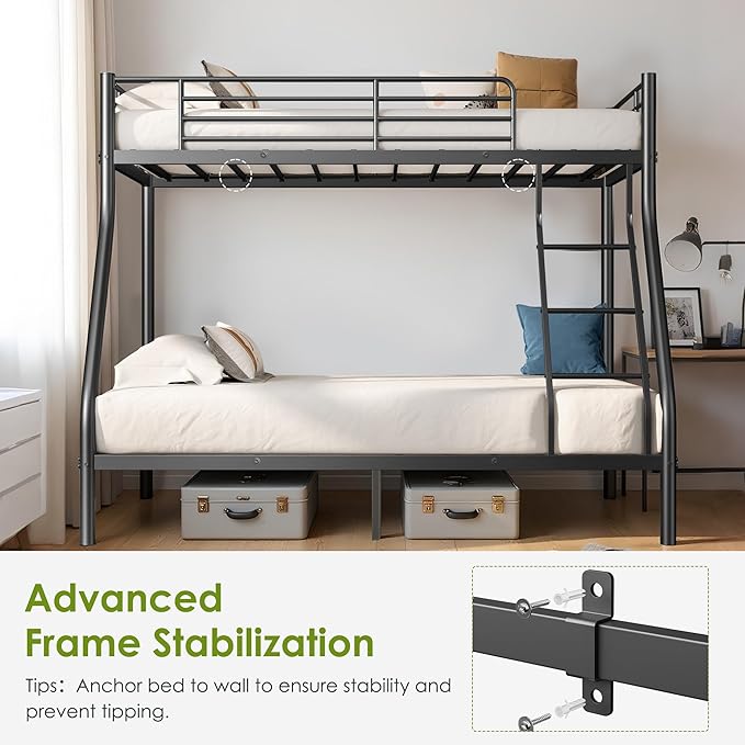 Bunk Beds Twin Over Full Size, Heavy Duty Bunk Beds with Bottom Space & Guardrail Metal Bunk Bed Frame for Adults Dorm Bedroom Guest Room, No Box Spring Needed（Upgrate Black）