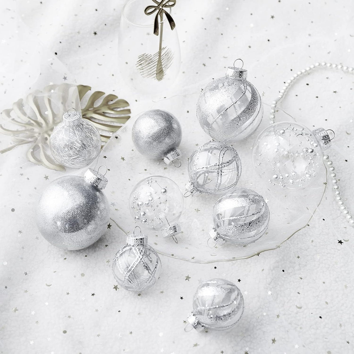 Clear Christmas Ball Ornaments,24ct Shatterproof Plastic Decorative Christmas Ornaments Hanging Xmas Tree Baubles Set with Stuffed Delicate Glittering Decorations for Holiday Party Home Decor (Silver)