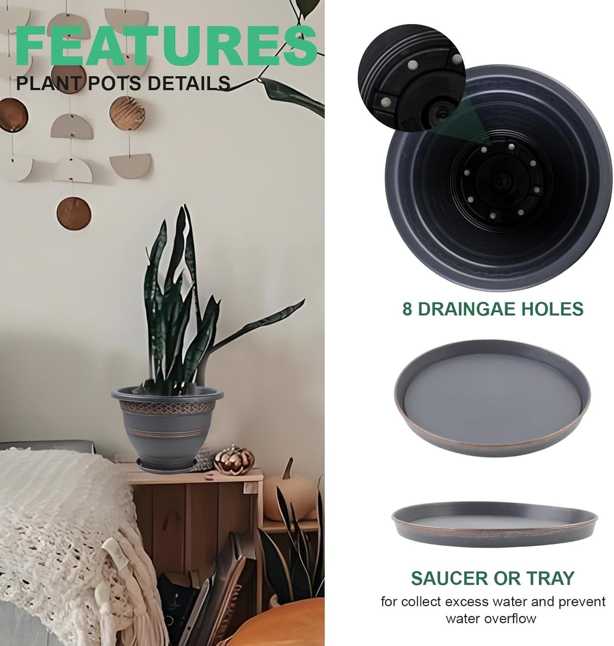 6 Pack 8 Inch Plant Pots, Plastic Flower Pot for Indoor & Outdoor with Drainage Holes & Saucer, Plaid Pattern Planters Garden Pots for Herbs
