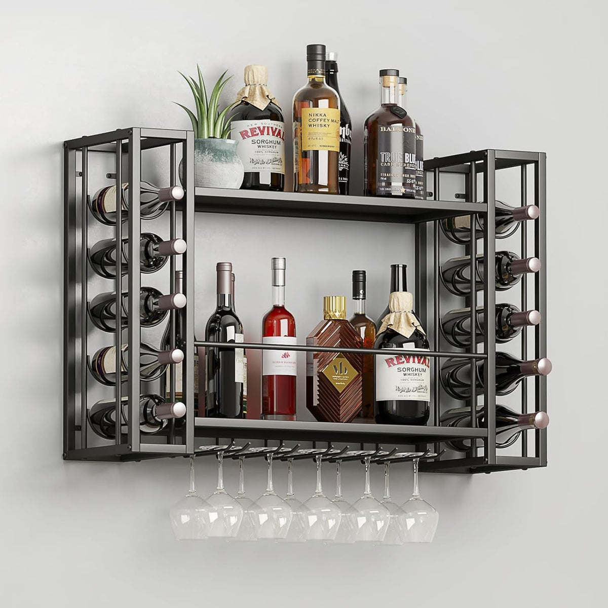 Wall Mounted Wine Rack, Wine Rack Wall Mounted with Wine Glass Rack, 2-Tier Multi-Functional Shelf for Home Restaurant Bar Storage Rack,Black (40”W x 9.8”D x 21.65”H)