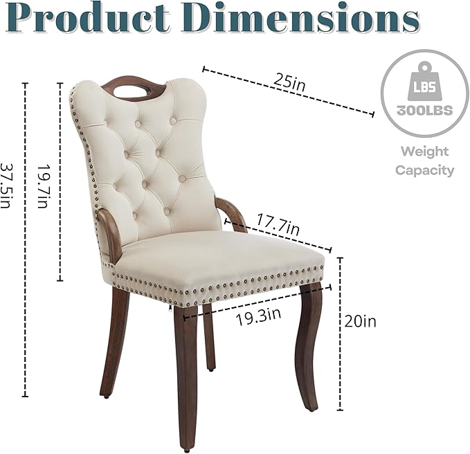 Velvet Dining Chairs Set of 4, Solid Wood Handles, Wooden Upholstered Dining Chair, Vintage Copper Nail Decoration, Mid Century Modern Kitchen Chair (Beige, Set of 4)