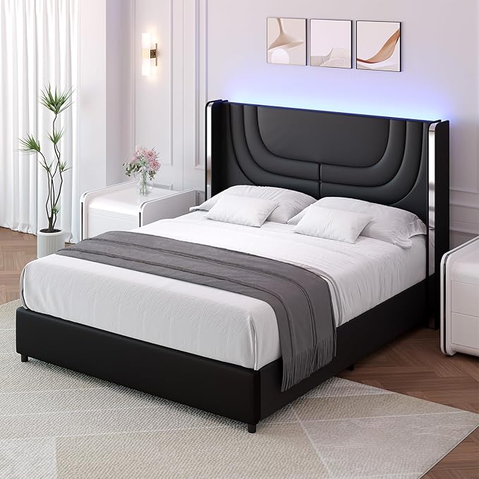 Queen Bed Frame with LED Lights, Faux Leather Upholstered Platform with Silver Wingback Headboard, Modern Style, No Box Spring Needed, Easy Assembly, Black