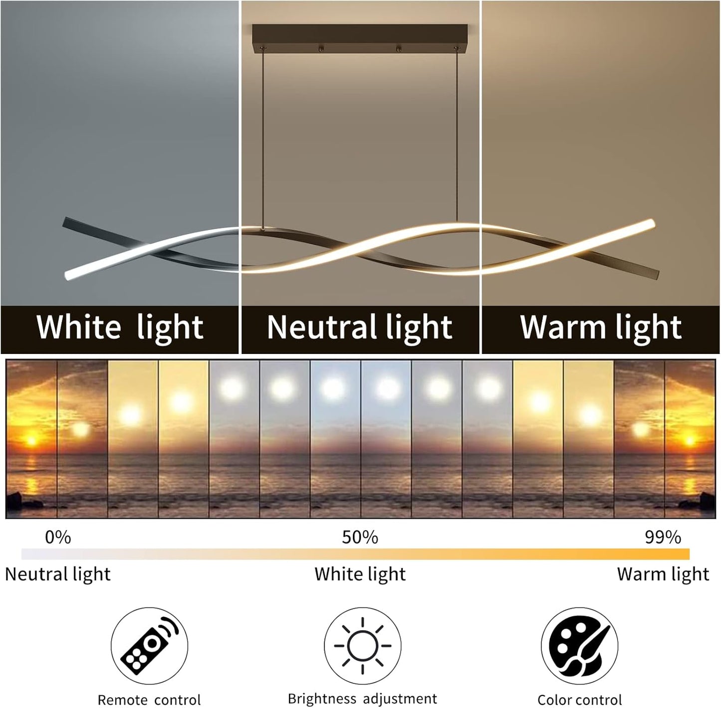 Modern Ceiling Pendant Light, Dimmable LED Pendant Light, Dimmable 3 Color Mode Chandelier for Living Room, Dining Room, Kitchen, Bedroom,Bar(Black, 39IN)