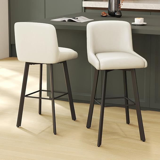 Swivel Bar Stools, 29''H Upholstered Barstools with Backs, Modern Counter Height Bar Stool Chairs for Kitchen Island, Metal Legs (Beige- Faux Leather, Set of 3-29" H)