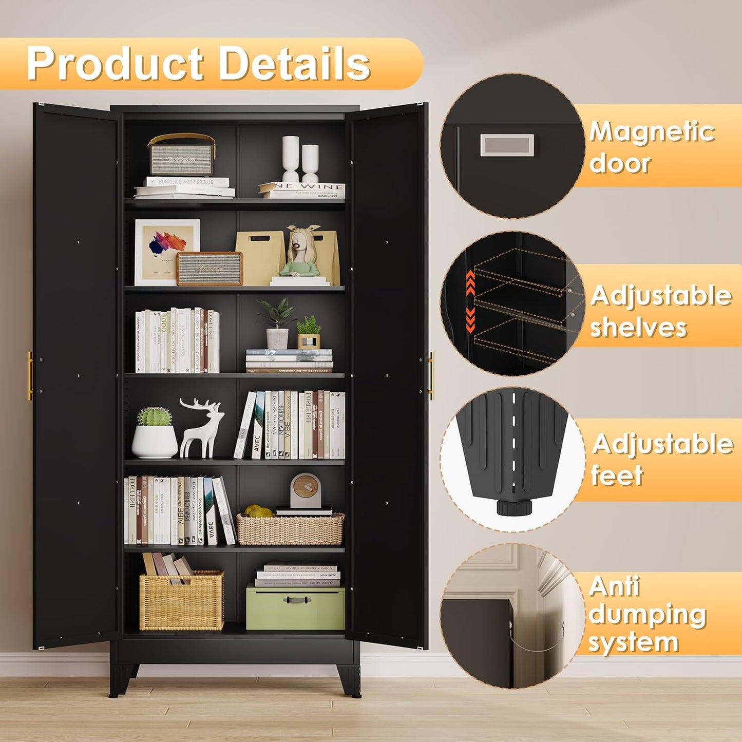 75" Tall Metal Kitchen Pantry Storage Cabinet, Freestanding Cupboard with 2 Doors and 5 Adjustable Shelves, Standing Storage for Kitchen, Bathroom, Garage, Dinning Room or Utility Room（Black）