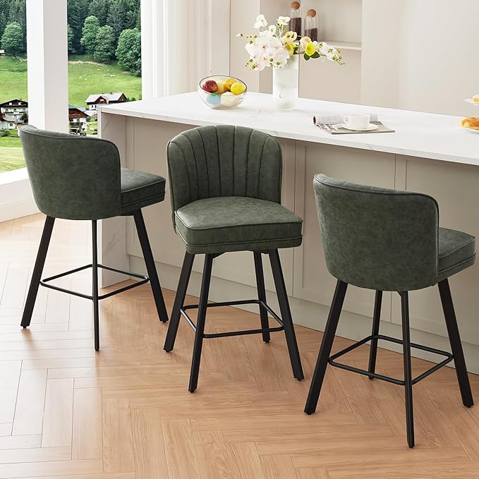 Swivel Counter Height Bar Stools Set of 2, 26'' Modern Barstools with Backs and Metal Legs, Upholstered Bar Chairs, Faux Leather Green Stools for Kitchen Island Chairs