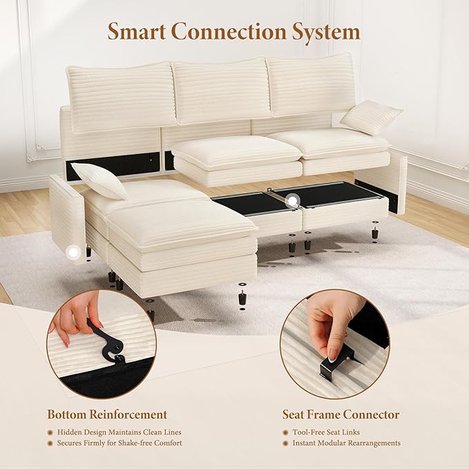 Vesgantti 108" V-Shaped Corner Couch Sectional, 7 Seat Customizable Modular Cloud Couches with Movable Ottoman, Corduroy Deep Seat Sofa Set with Chaise for Living Room, Bedroom and Apartment, Beige
