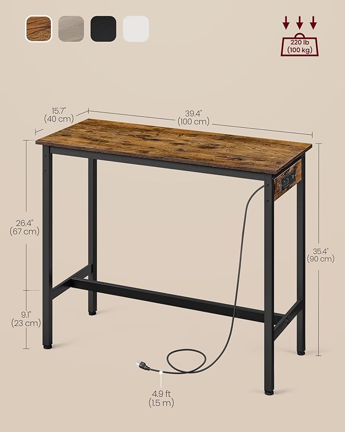 VASAGLE Bar Table, Narrow Long Kitchen Dining Table with Charging Station, Sturdy Metal Frame, Industrial, 15.7 x 39.4 x 35.4 Inches, Rustic Brown and Ink Black ULBT101K01