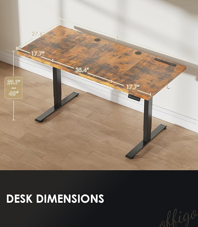 OffiGo Electric Standing Desk with 3-Piece Board, 71 Inch Height Adjustable Large Desk with Power Outlets, Sit Stand Table, Writing Computer Desk for Home, Office, Workstation, Rustic Brown