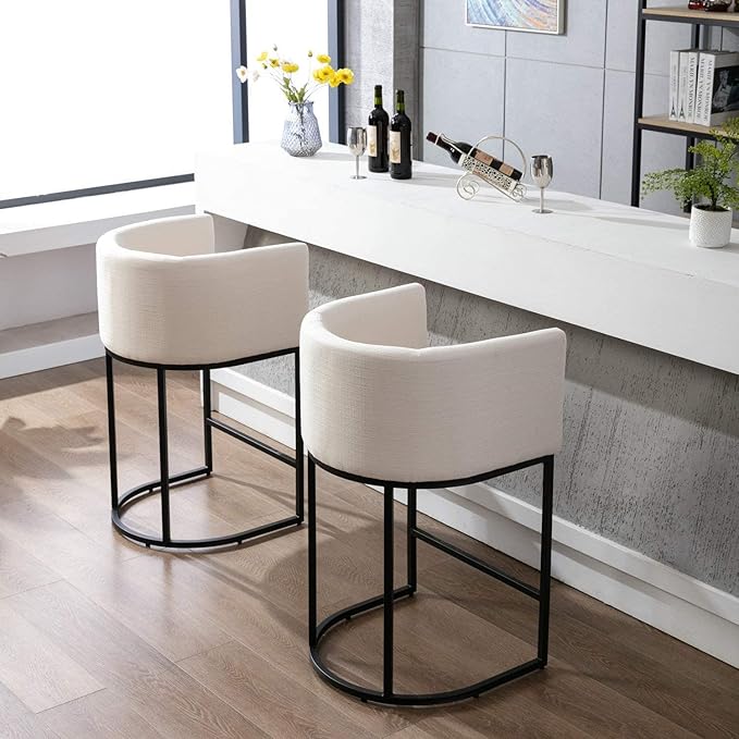 Contemporary Cream Linen Bar Stools Set of 2, 29" Upholstered Fabric Counter Height Barstools Kitchen Counter Island Stools with Screwed Together Black Metal Base