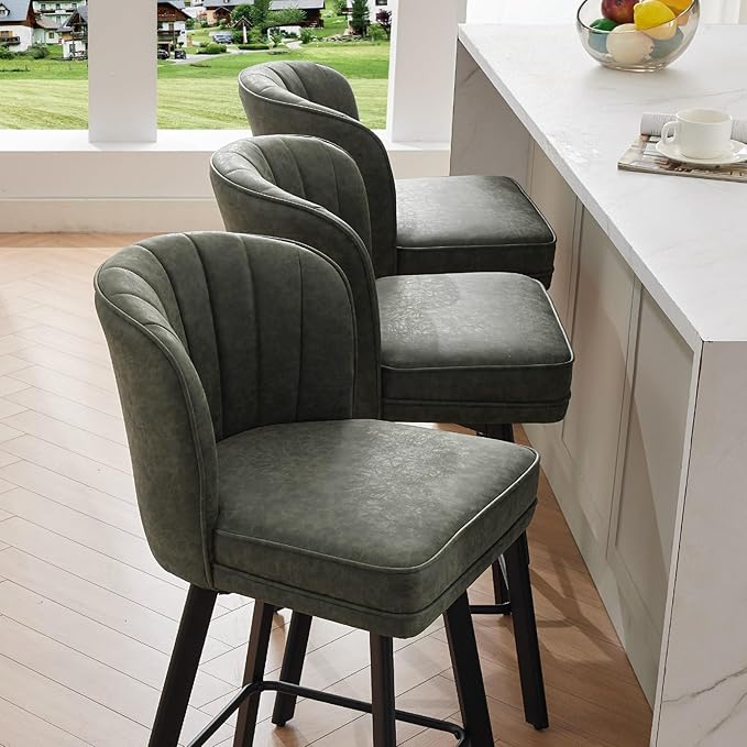 Swivel Counter Height Bar Stools Set of 3, 30'' Modern Barstools with Backs and Metal Legs, Upholstered Bar Chairs, Faux Leather Green Stools for Kitchen Island Chairs