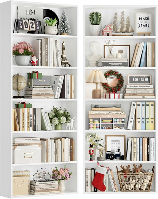 FOTOSOK 70.8" Tall Bookcase Shelf, 6 Tier Wide Bookshelf with Storage, Billy Bookcase Set of 2, Large Bookshelf for Living Room, Home Office, White