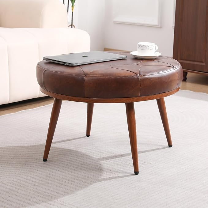 Round Ottoman Coffee Table, 24in Faux Leather Cushioned Footstool Ottoman,Stationary Ottomans, Backless Chair, Footrest for Living Room, Bedroom, Padded Seat, Brown