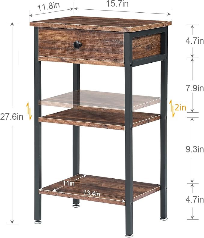 VECELO Tall End Table,Nightstand with Drawer and Adjustable Storage Shelf,27.6 inch Side Table for Living Room/Bedroom/Entryway Small Spaces