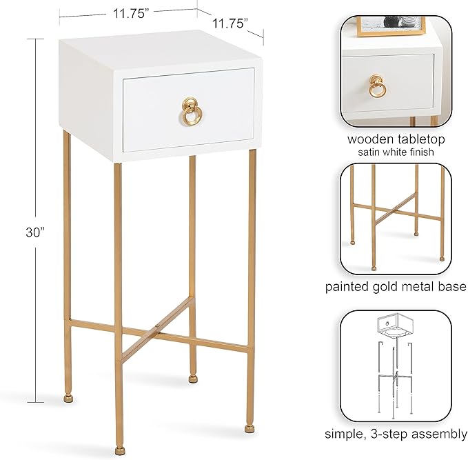 Kate and Laurel Decklyn Decorative Glam Tea Table; 12 x 12 x 30; White and Gold; Modern Living Room Drink Table with Pull Drawer for Useful Storage