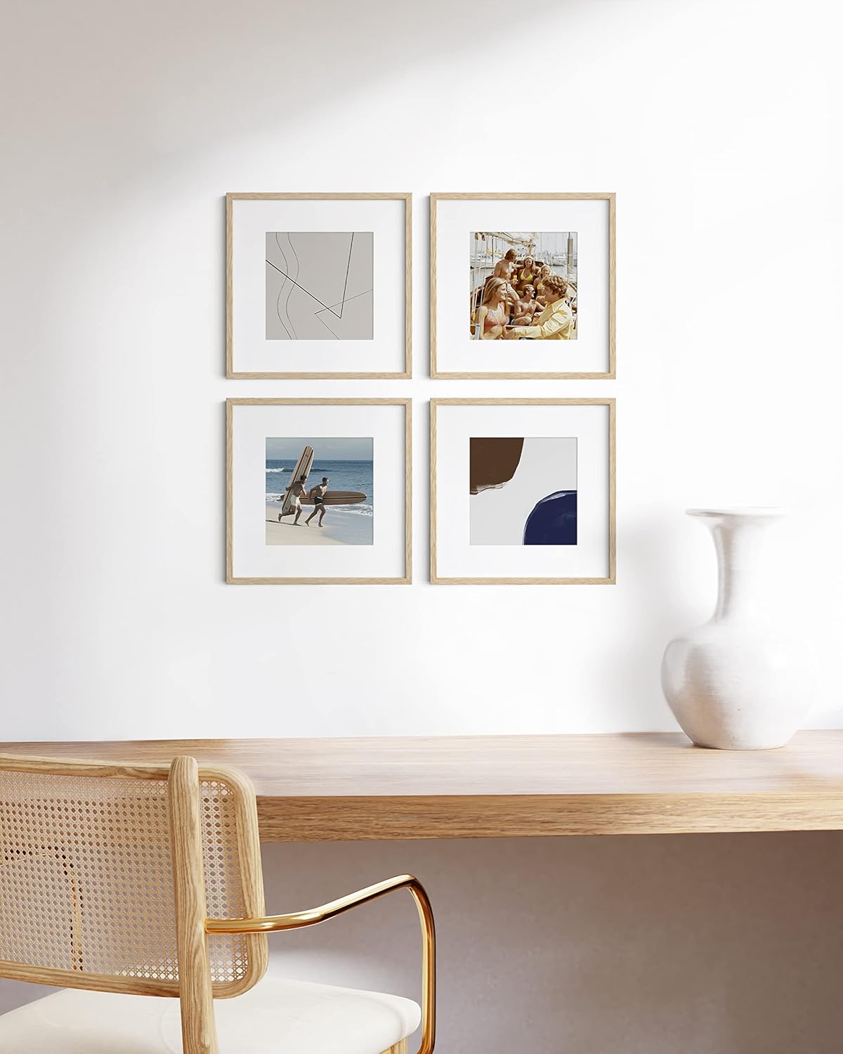 HAUS AND HUES Solid Oak Wood 12”x12” Picture Frames Matted to 8”x8” Set of 4-12x12 Standard Square Picture Frames, 12x12 Photo Gallery Wall Frame Set, 12x12 Frames with Mat (Beige Oak Frames)
