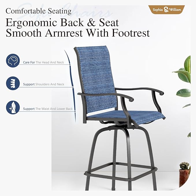 Sophia & William Patio Swivel Bar Stools Set of 4, Bar Height Patio Chairs, High Top Patio Chairs, Supports 300 lbs (Blue Fabric)