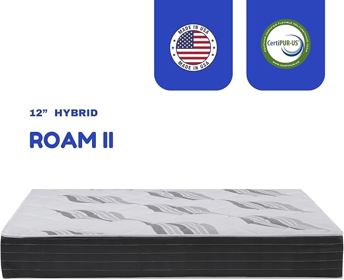 Roam 2.0 RV 12" Hybrid Mattress with Gel Memory Foam, RV Short Queen 60x74 Mattress, Luxury Medium Feel Made in USA