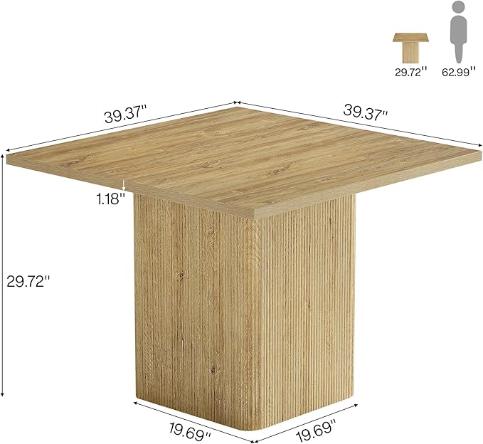 Tribesigns 39-Inch Square Dining Table for 4, Small Fluted Kitchen Table with Sturdy Pedestal, Farmhouse Wooden Dinner Table for Dining Room, Living Room, Kitchen, Small Space, Natural