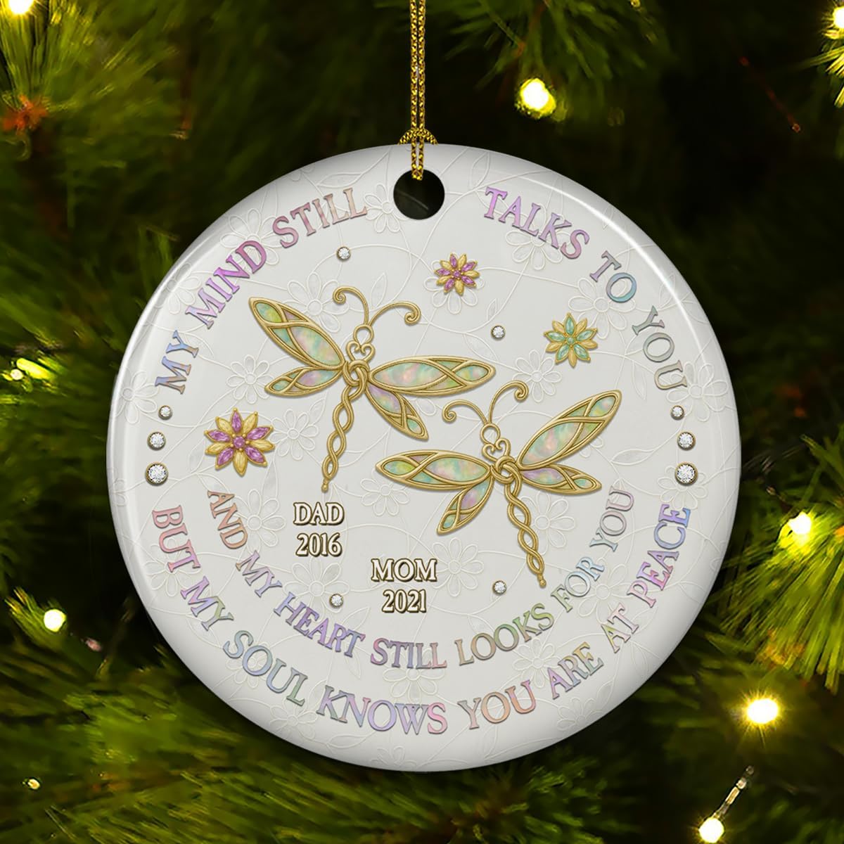 Memorial Ceramic Ornament Personalized Butterfly My Mind Still Talks to You - Custom Name Christmas Remembrance Ornament for Loss of Loved Ones Memory of Mom Dad in Heaven Sympathy Gift