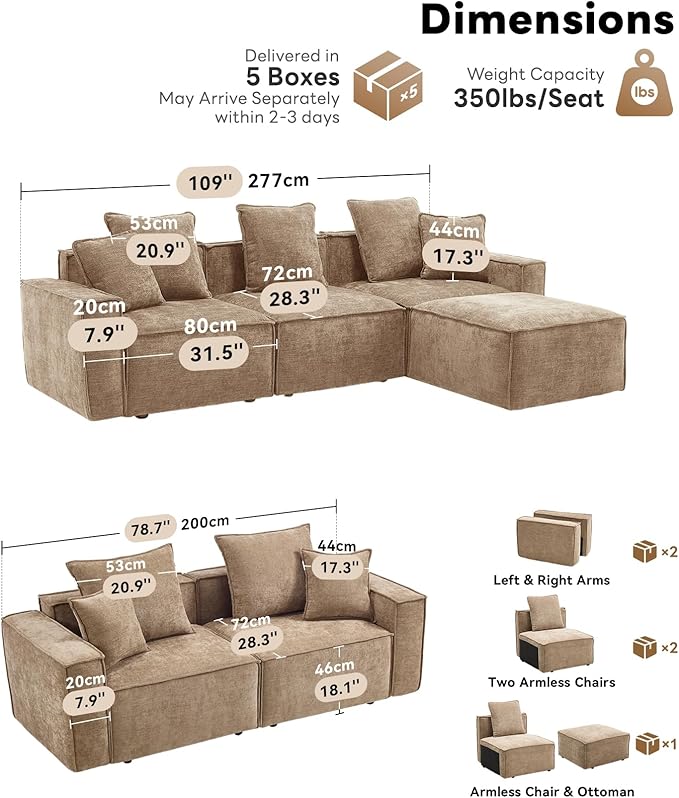 WILLOVE Modular Sectional Sofa Set, Chenille Cloud Couch with Wide Armrests & 8 Pillows, Deep Seat Couches for Living Room, 2+4-Seater Khaki