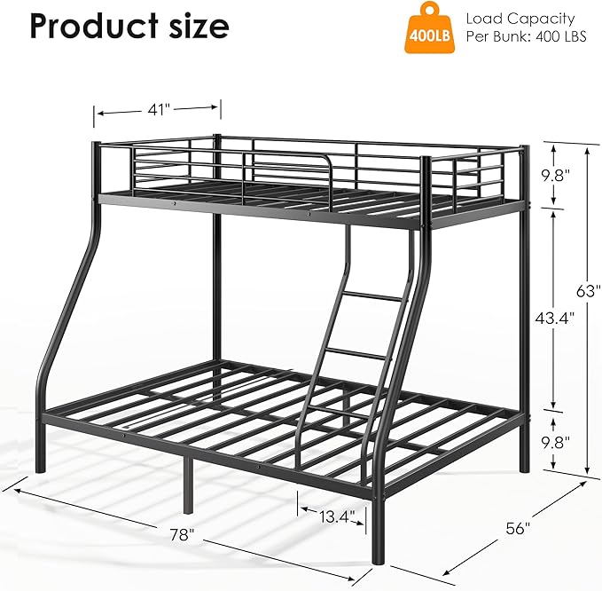Bunk Beds Twin Over Full Size with 6" Mattresses Included, All-in-One Bunk Bed for Kids/Adults, Heavy Duty Sturdy Frame with Ladder Guardrail, With Memory Foam Mattress, Easy Assembly（Black）
