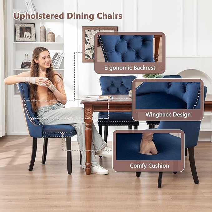 Velvet Dining Chairs Set of 2, Tufted Dining Room Chairs with Nailhead Ring Pull Trim, Upholstered Dining Chairs with Solid Wood Legs for Kitchen Dining Room (Blue)