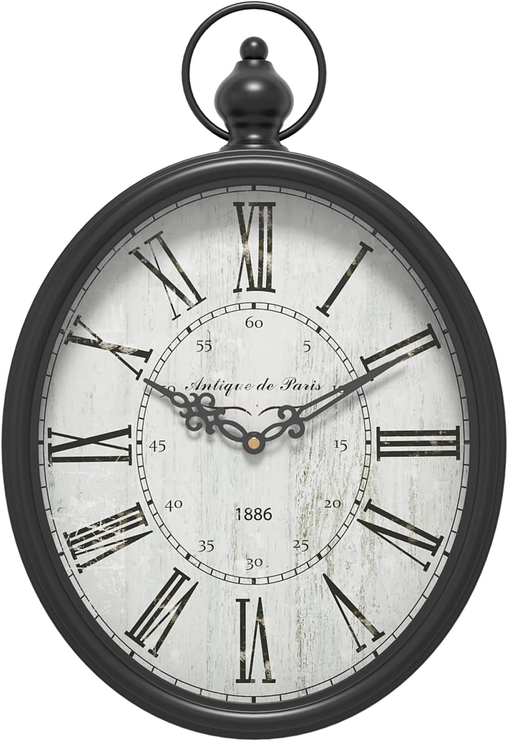 Menterry Oval Retro Wall Clock, Rustic Vintage Style, Black Antique Design, Battery Operated Silent Decor Large Wall Clocks for Kitchen,Farmhouse,Office (15.5" H x 10.5" W)