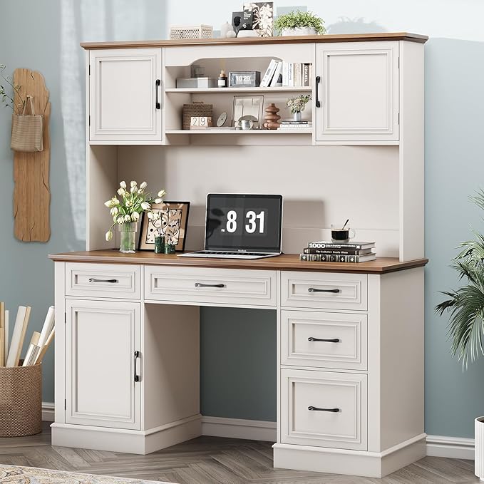 67" H Farmhouse Executive Desk with Hutch. Wood Workstation with 5 Drawers, Storage Cabinet, File Drawers and Charging Station, Ideal as Office Desks, Computer Desk for Home Office and Study