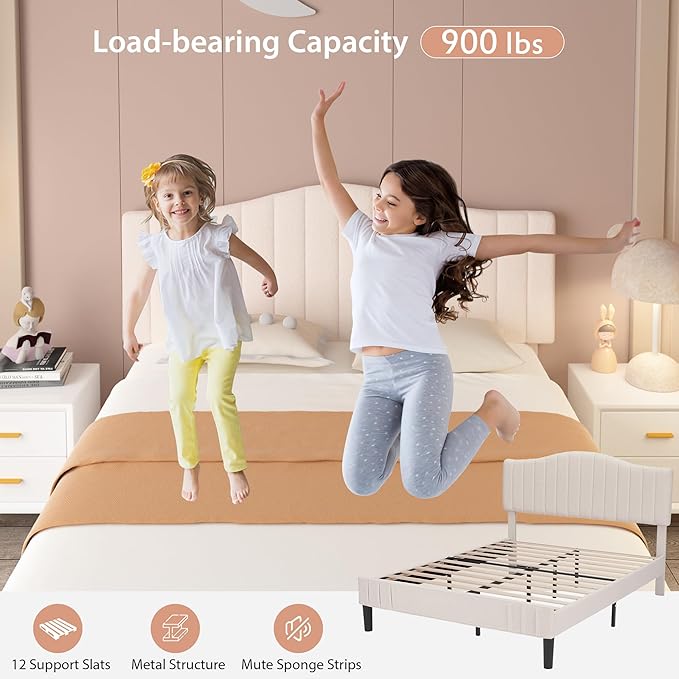 VECELO Queen Size Bed Frame Upholstered Platform Beds with Height-Adjustable Teddy Fabric Headboard, Strong Wood Slats 7.9'' Under Bed Storage Space Noise-Free No Box Spring Needed, Cream