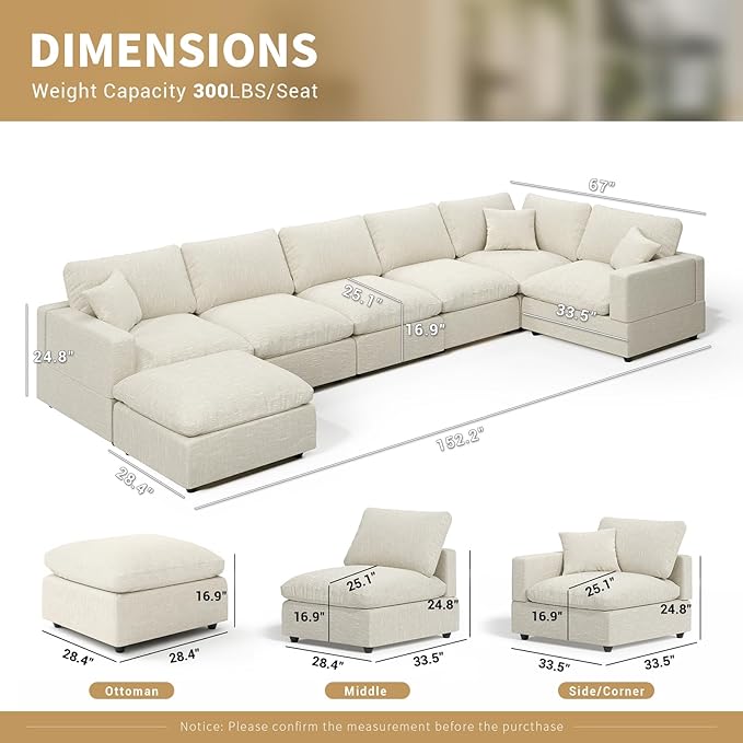 Modern Sectional Linen Couch for Living Room V-Shape Sofas,7 Seat Modular Cloud Sofas,Couches Cushion Covers Removable,Cozy Feather Down Sofa for Apartment Beige