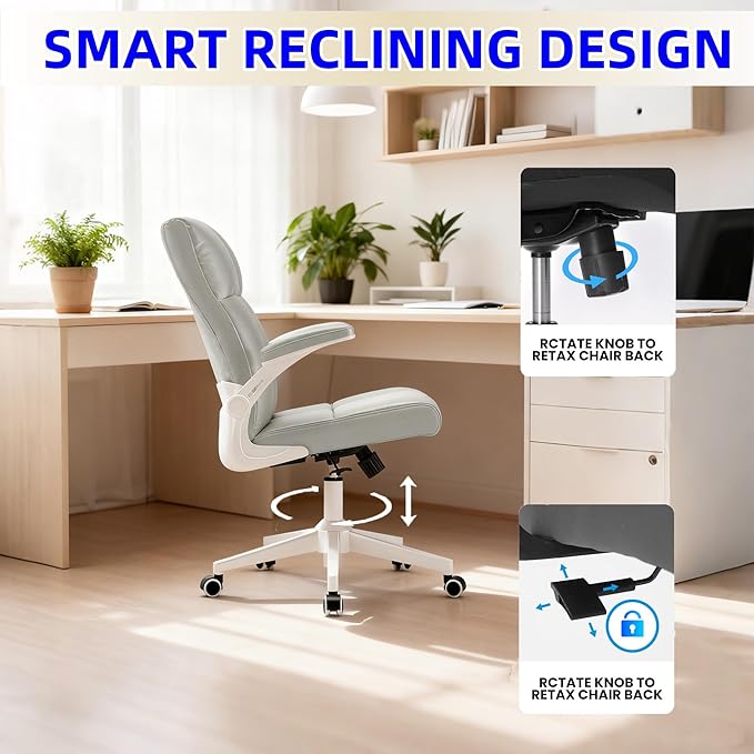 Ergonomic Home Office Desk Chair with Space Saving Flip-Up Arms, 360° Swivel & Reclining Back, High-Back Executive Chair in Soft Faux Leather Chair Multi-Angle from 90° to 135°（Gray）