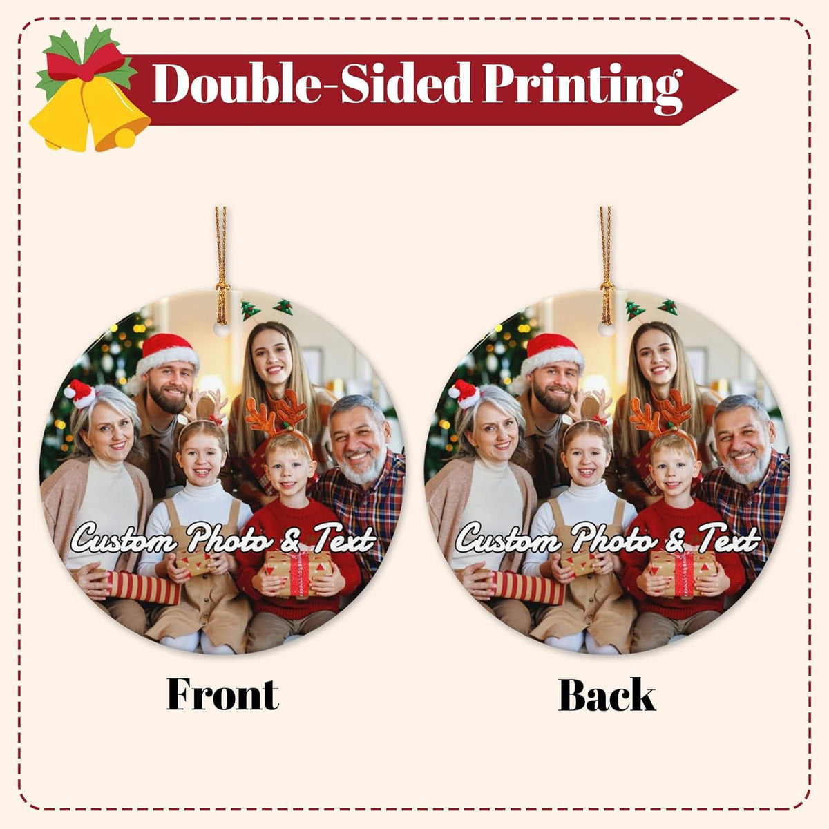 Personalized Christmas Ornaments with Photo 2025 Custom Picture Text Ornaments for Christmas,Double-Sided Ceramic Customized Xmas Tree Decor for Family Couples Dogs,Round