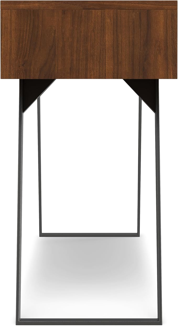 SIMPLIHOME Lowry Console Table - 60 Inch Wide Solid Walnut Veneer and Metal Sofa Table, Modern Industrial Storage Table for Entryway or Living Room with 3 Drawers and Angled Metal Legs