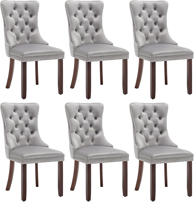Velvet Dining Chairs Set of 6, Tufted Dining Room Chairs with Nailhead Ring Pull Trim, Upholstered Dining Chairs with Solid Wood Legs for Kitchen Dining Room (Light Grey)