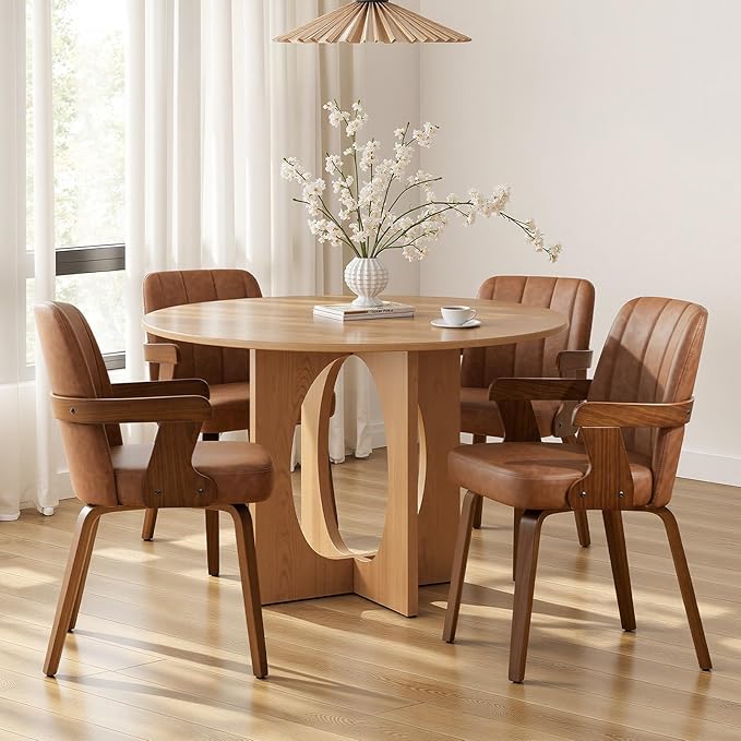 Kitchen Dining Chairs Set of 4, Faux Leather Upholstered Dining Room Chairs with Wood Arms and Legs, Mid Century Modern Kitchen Side Chair for Living, Bedroom, Restaurant, Walnut/Brown