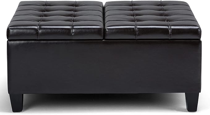 SIMPLIHOME Harrison 36 inch Wide Transitional Square Coffee Table Storage Ottoman in Tanners Brown Vegan Faux Leather, Assembled, For the Living Room and Bedroom