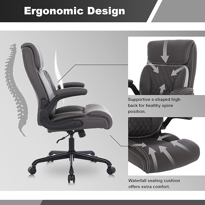Youhauchair Executive Office Chair, Ergonomic PU Leather Computer Desk Chair with Lumbar Support, Flip-up Armrests and Adjustable Height, for Home Office, Brown