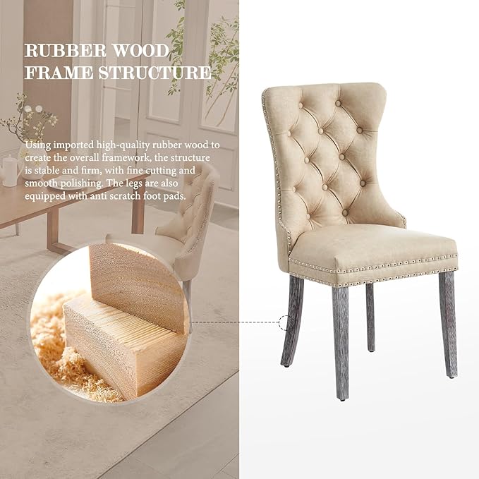 Leather Dining Chair Set of 6, Dining Room Chairs with Nailhead Ring Pull Trim, Upholstered Dining Chairs with Solid Wood Legs for Kitchen Dining Room (Beige)