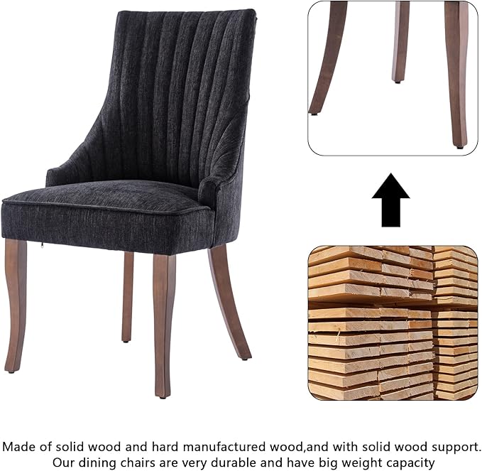 mikibama Linen Dining Chairs Set of 4 Channel Tufted Kitchen Dinner Chair Comfy Fabric Upholstered Accent Chair for Dining Room with Solid Wood Legs (Black 4pc)