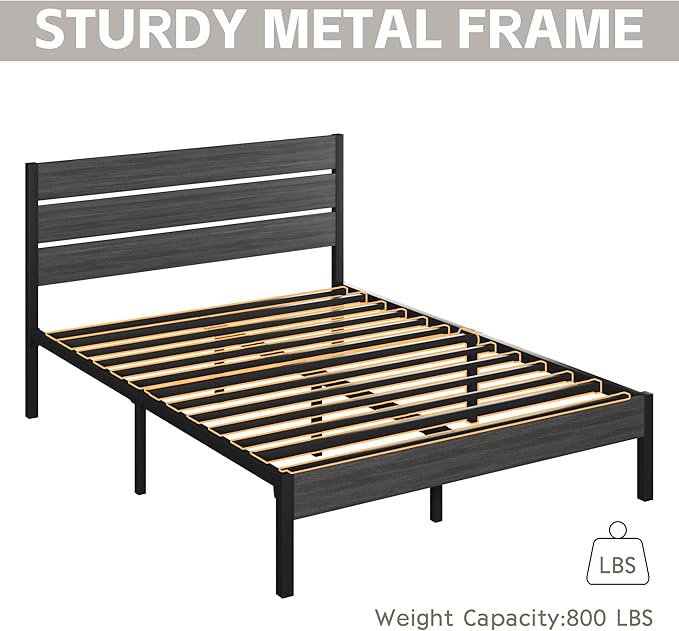 Queen Bed Frame with Headboard and Footboard, Metal Platform Bed Frame with Under Bed Storage, All-Metal Support System, No Box Spring Needed, Easy Assembly,Rustic Grey