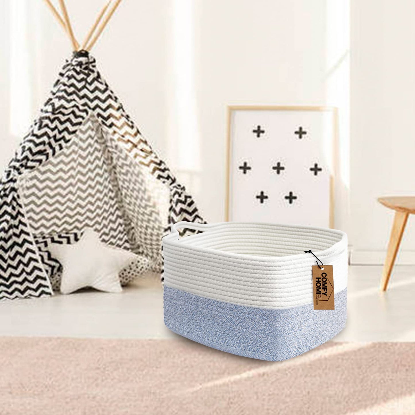 COMFY-HOMI Cotton Rope Woven Basket with Handles for shelf，Toy, Book, Cloth Storage Basket for Organizing-13.5"X11"X9.5" Storage Bin for Living Room, Newborn or Infant Gift for boy girl （White/blue）