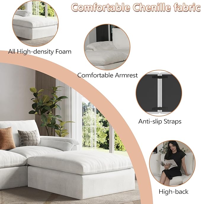 EASE MOOSE Oversized Sectional Cloud Couch-7-Seat, U-Shaped Deep-Seat Modular Boneless Sofa, No-Assembly Chenille Sofa for Living Room, White